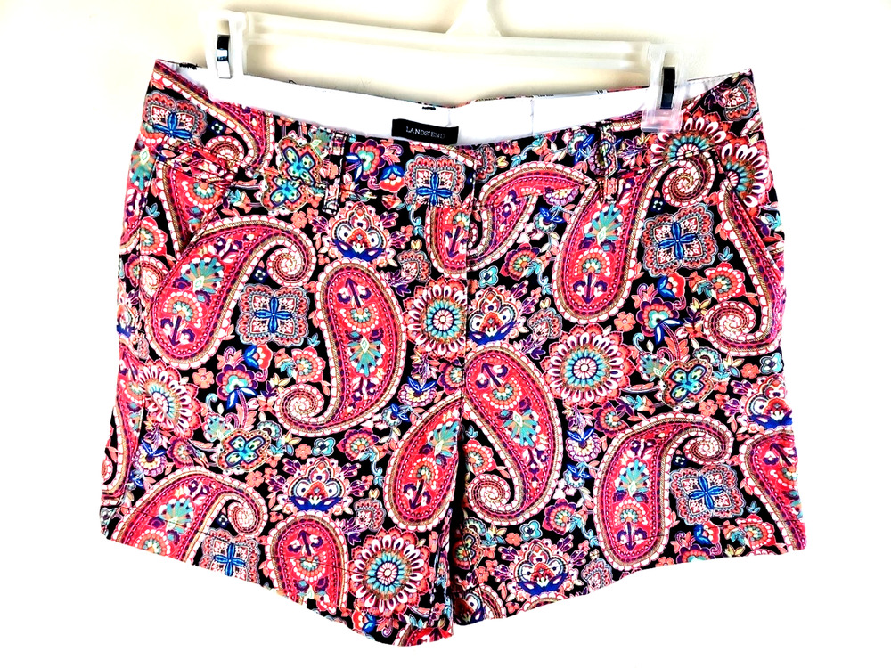 Lands End Shorts Womens Sz 10 Paisley Navy Pink Green Linen blend